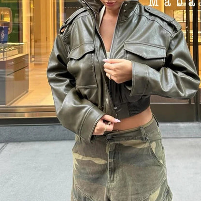 Faux Leather Cropped Jacket Women Bomber