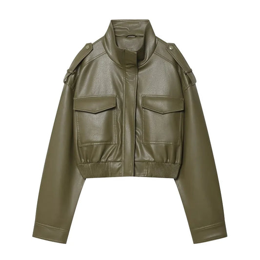 Faux Leather Cropped Jacket Women Bomber